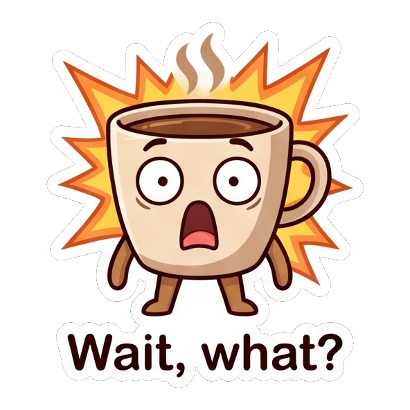 Shocked coffee cup with wide eyes and a starburst background. Cheerful Coffee Cup Pals sticker for expressive chats and social replies.