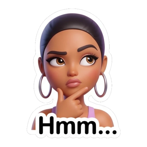 Thoughtful girl resting chin on hand, text says Hmm... Modern Chic Girl Expressions sticker for expressive chats and social replies.