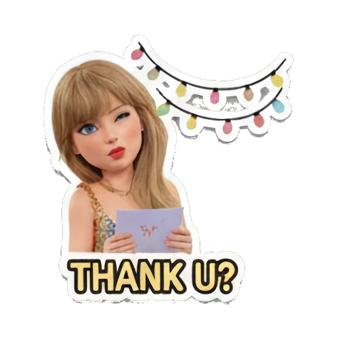 Blonde girl holding a note with 'THANK U?' text, grateful expression. Pop Star Party Vibes sticker for expressive chats and social replies.