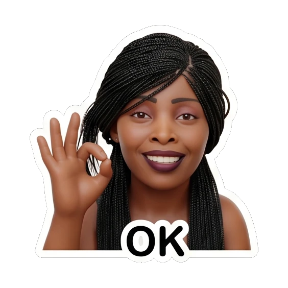 Stylish woman with braided hair doing an OK hand gesture, smiling, text OK Chic Afro-Textured Daily Expressions sticker for expressive chats and social replies.