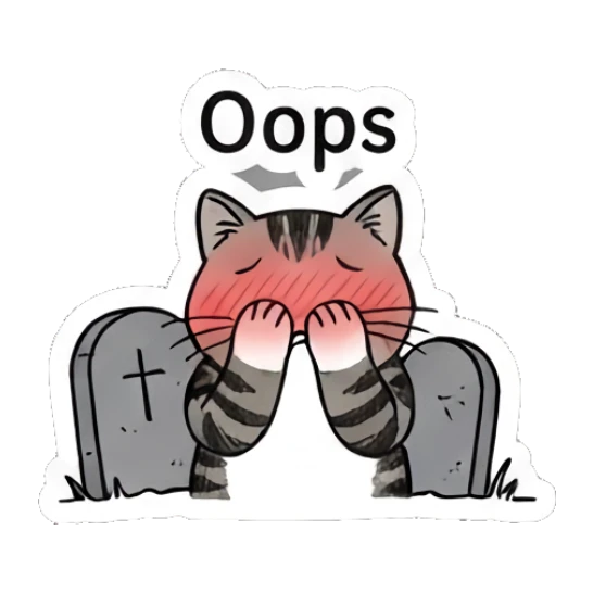 Embarrassed tabby cat hiding behind a tombstone, text Oops Spooky Tabby Cat Adventures sticker for expressive chats and social replies.