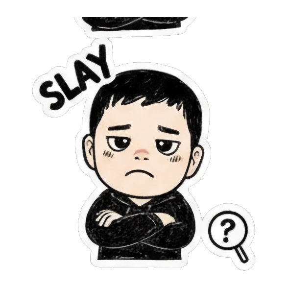 Bored boy with arms crossed and 'SLAY' text. Cool Boy Doodle Diary sticker for expressive chats and social replies.
