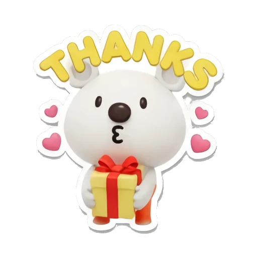 Polar bear cub holds a gift box with THANKS text, puckering lips. Cheerful Polar Bear Cub sticker for expressive chats and social replies.