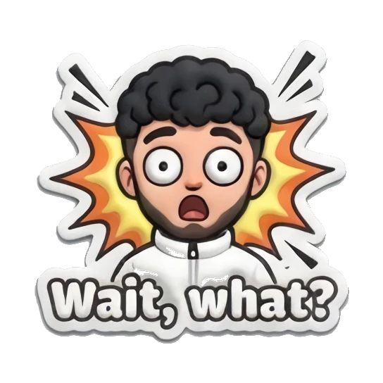 Shocked man with wide eyes and 'Wait, what?' text Curly Hair Guy Daily Vibes sticker for expressive chats and social replies.