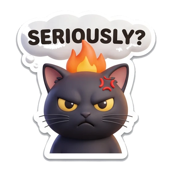 Black cat looking angry with fire on head, text Seriously. Playful Black Cat Moods sticker for expressive chats and social replies.
