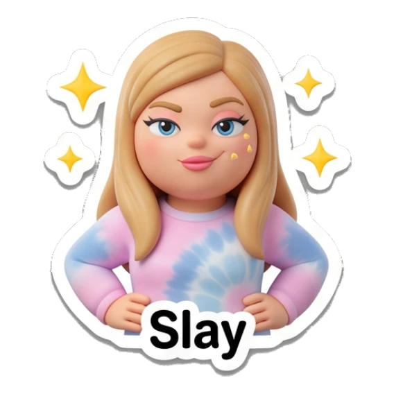 Blonde girl posing confidently with sparkles, text Slay Blonde Girl Daily Vibes sticker for expressive chats and social replies.