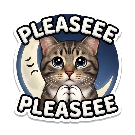 Tabby cat looking pleadingly with wide eyes, text says PLEASEEE. Cosmic Tabby Adventures sticker for expressive chats and social replies.