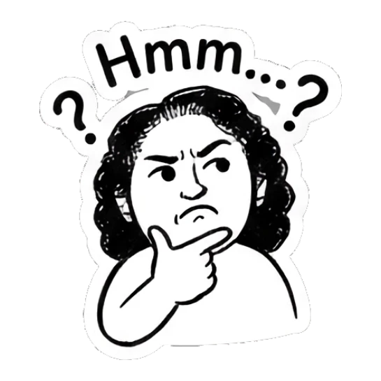 Thoughtful girl resting chin on hand with 'Hmm...?' text Curly Hair Girl Daily Vibes sticker for expressive chats and social replies.