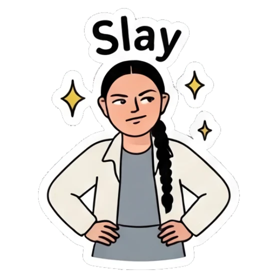Woman standing with hands on hips, confident, text Slay Diverse Duo Expressions sticker for expressive chats and social replies.