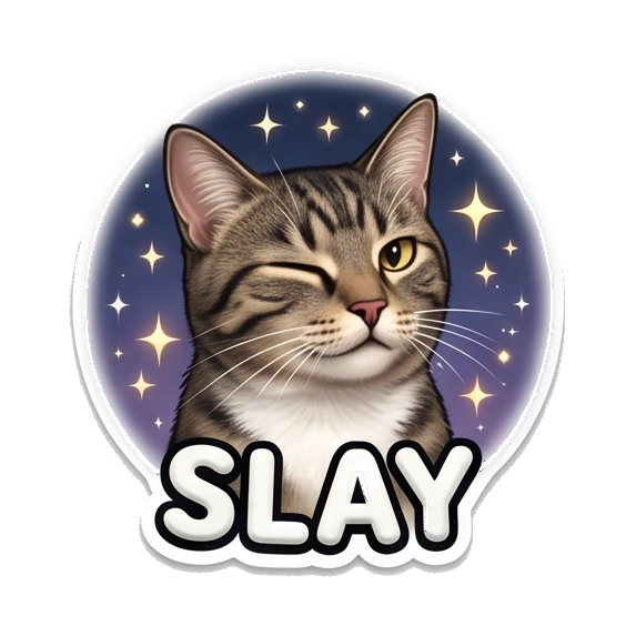 Tabby cat winking with a confident expression, text says SLAY. Cosmic Tabby Adventures sticker for expressive chats and social replies.