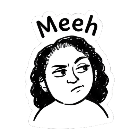 Skeptical girl looking sideways with 'Meeh' text Curly Hair Girl Daily Vibes sticker for expressive chats and social replies.