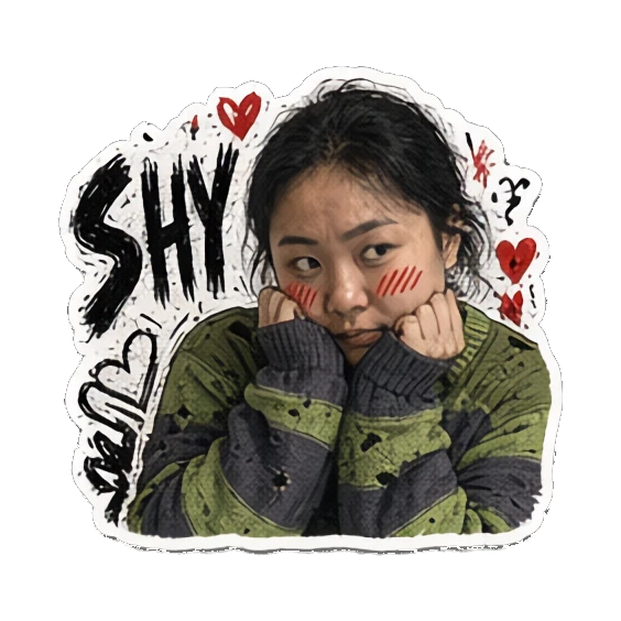 年轻女性双手托腮害羞脸红，表情娇羞，文字SHY Punk Girl Daily Vibes sticker for expressive chats and social replies.