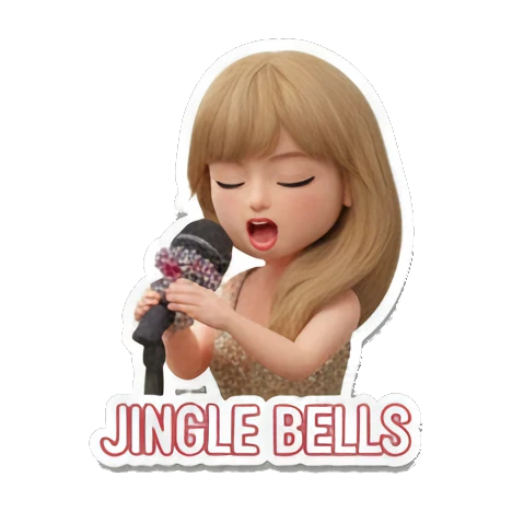 Blonde girl singing into a microphone, text JINGLE BELLS Festive Blonde Holiday Vibes sticker for expressive chats and social replies.