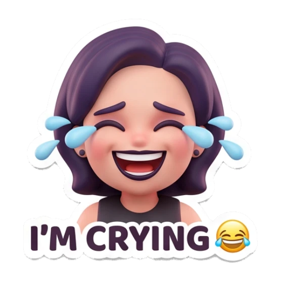 Happy girl laughing with tears of joy with text I'M CRYING Modern Chic Girl Expressions sticker for expressive chats and social replies.