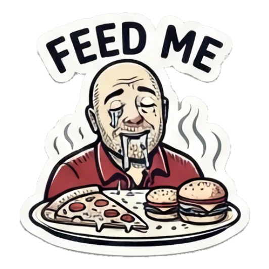 Bald man crying while looking at pizza and burger, text FEED ME Bald Guy Daily Vibes sticker for expressive chats and social replies.