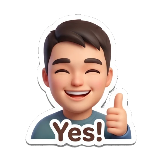 Boy smiling and giving a thumbs up with text Yes!. Cheerful 3D Boy Expressions sticker for expressive chats and social replies.