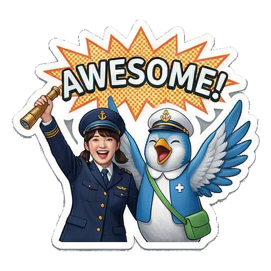 表达各种情绪的可爱贴纸 Little Captain & Blue Bird Duo sticker for expressive chats and social replies.