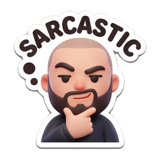 Bearded man looking thoughtful, text SARCASTIC Bearded Buddy Expressions sticker for expressive chats and social replies.