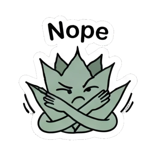 Stubborn aloe plant crossing arms in a nope gesture. Cheerful Aloe Adventures sticker for expressive chats and social replies.