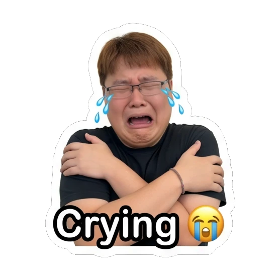 Man with glasses crying with arms crossed and text Crying Daily Life of a Friendly Guy sticker for expressive chats and social replies.