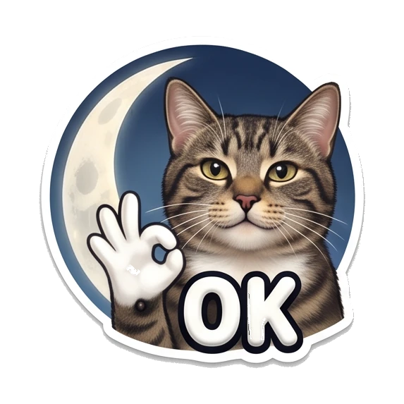 Tabby cat making an OK hand gesture with a calm expression. Cosmic Tabby Adventures sticker for expressive chats and social replies.