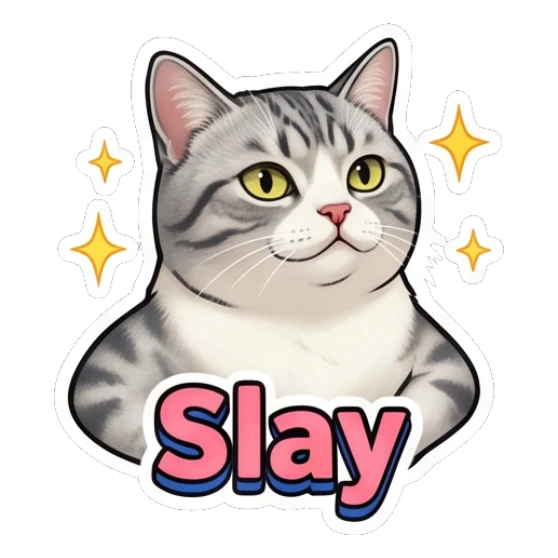 Confident tabby cat looking away with text Slay Expressive Tabby Cat sticker for expressive chats and social replies.