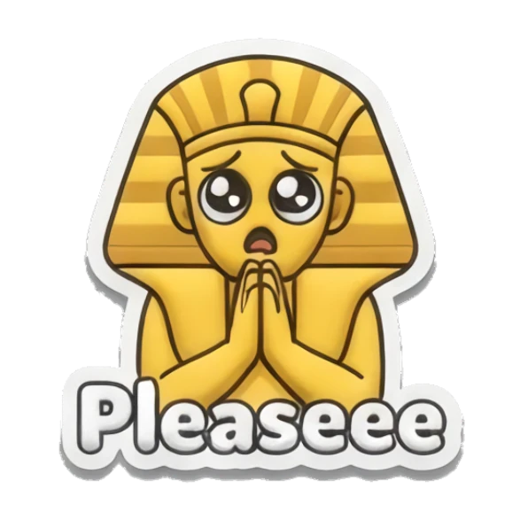 Pleading pharaoh with big eyes and Pleaseee text Golden Pharaoh Vibes sticker for expressive chats and social replies.