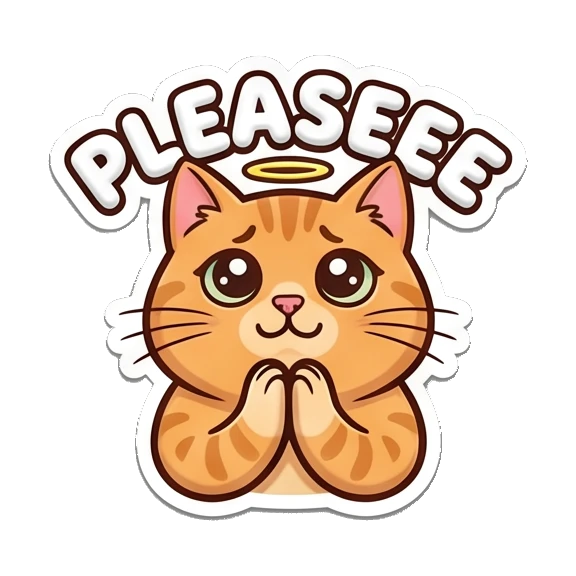 Pleading orange cat with halo, text PLEASEEE Puffy Orange Cat Moods sticker for expressive chats and social replies.