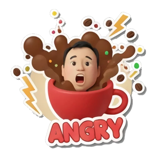 职场男士在咖啡杯中愤怒爆发，文字ANGRY Office Guy Daily Vibes sticker for expressive chats and social replies.