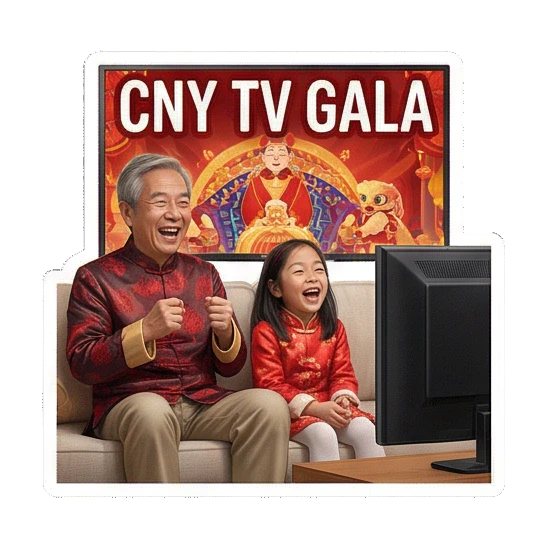 Watching TV gala Grandpa and Granddaughter CNY Moments sticker for expressive chats and social replies.