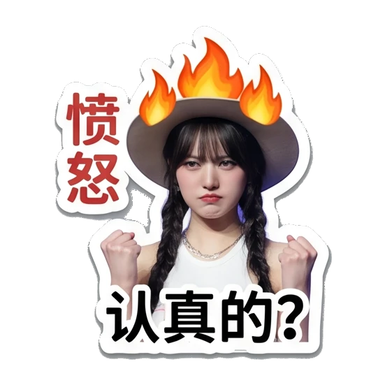 女孩头顶火焰愤怒表情，文字：愤怒，认真的？ Chic Girl Daily Vibes sticker for expressive chats and social replies.