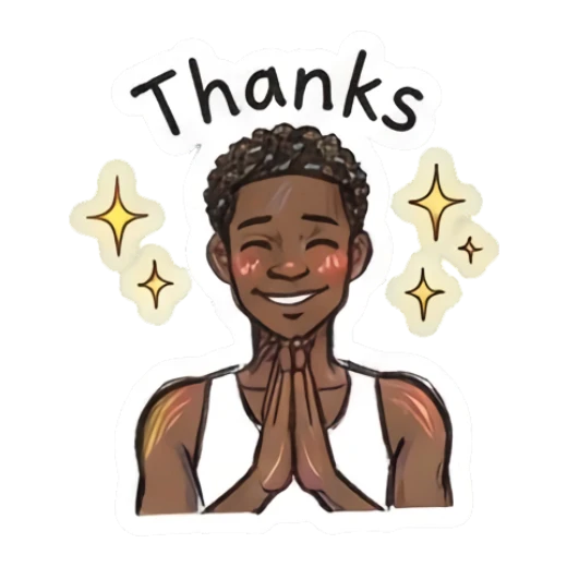 Happy young man with hands together in prayer gesture with text Thanks Doodle Boy Expressions sticker for expressive chats and social replies.