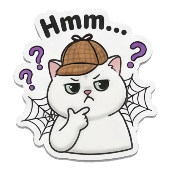 White cat detective with hat and magnifying glass, Hmm... Spooky Cute Cat Halloween Vibes sticker for expressive chats and social replies.
