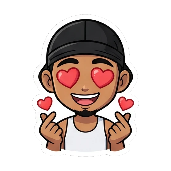 Loving guy with heart-shaped eyes making finger hearts Cool Guy Daily Vibes sticker for expressive chats and social replies.