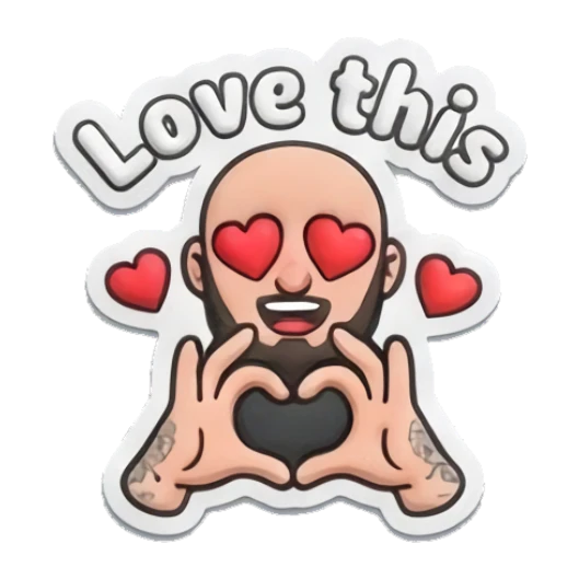 Bearded man making heart shape with hands, text Love this Bearded Buddy Daily Vibes sticker for expressive chats and social replies.
