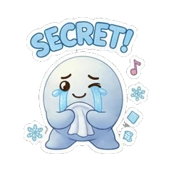 Crying snow creature holding a tissue with SECRET text. Snowy Buddy Adventures sticker for expressive chats and social replies.