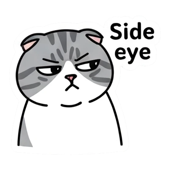 Skeptical gray cat giving a side-eye look with text Side eye Gray Tabby Moods sticker for expressive chats and social replies.