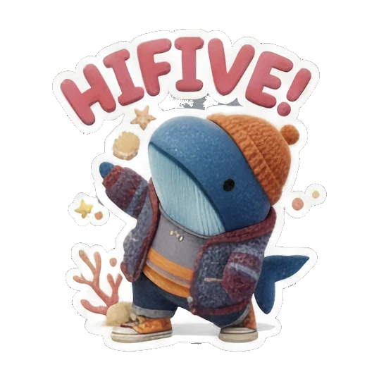 Blue whale giving a high five, friendly expression, text 'HIFIVE!' Ocean Buddy Adventures sticker for expressive chats and social replies.