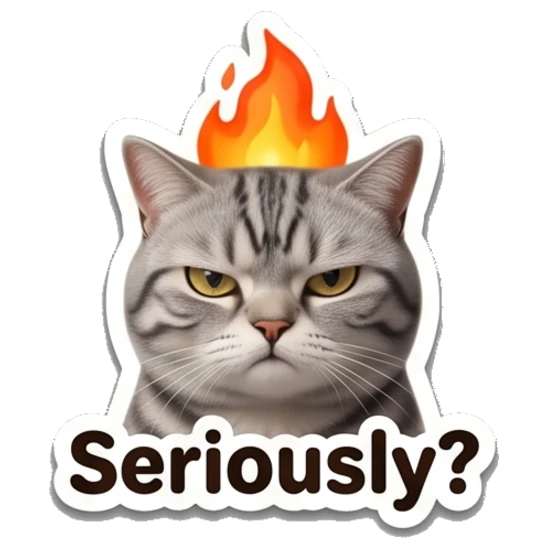 Angry tabby cat with fire on head with Seriously? text Tabby Cat Daily Expressions sticker for expressive chats and social replies.