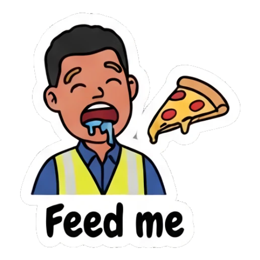Worker with mouth open and drool, craving pizza Busy Worker Daily Life sticker for expressive chats and social replies.