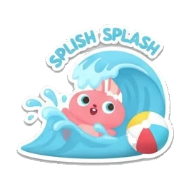 Pink bunny splashing in a wave with a beach ball, Splish Splash text. Pink Bunny Beach Day sticker for expressive chats and social replies.