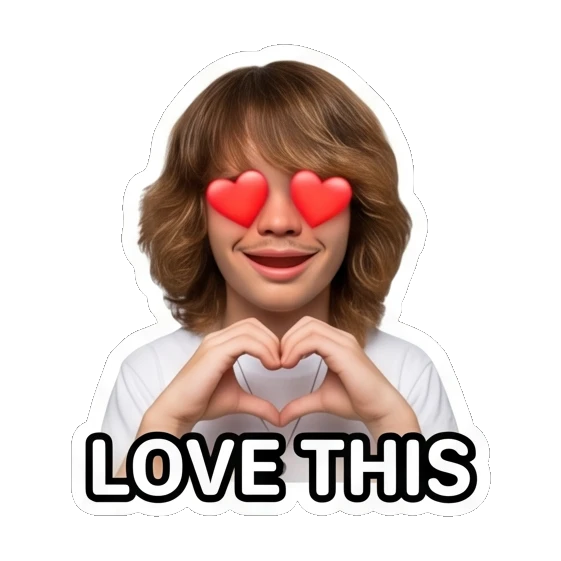 Teen boy making heart shape with hands and heart eyes, text LOVE THIS Teen Boy Daily Vibes sticker for expressive chats and social replies.