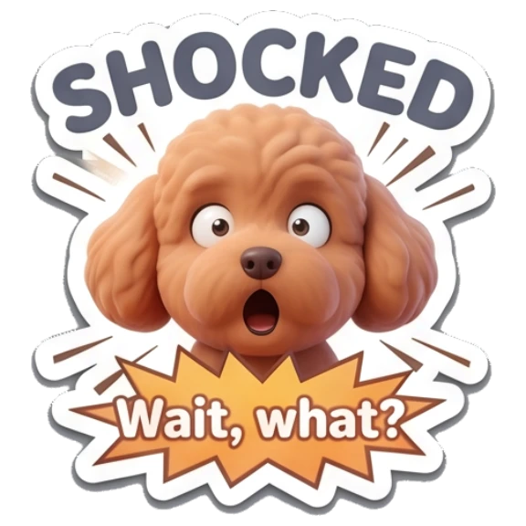 Poodle looking shocked with wide eyes and open mouth. Poodle Pals Daily sticker for expressive chats and social replies.