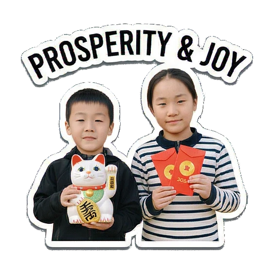 手持红包与招财猫 New Year Kids Duo sticker for expressive chats and social replies.
