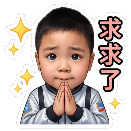 Boy with hands in prayer, labeled '求求了'. Little Astronaut Daily sticker for expressive chats and social replies.