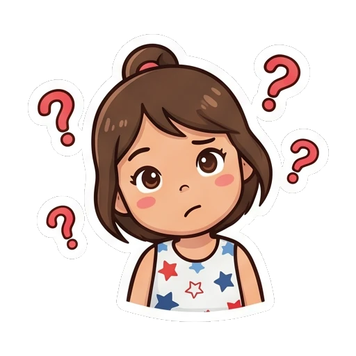 Girl looking confused with question marks around Cheerful Star Girl Adventures sticker for expressive chats and social replies.