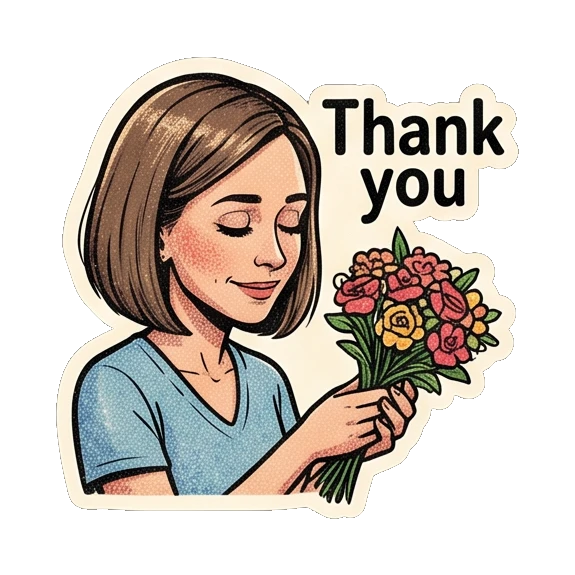Young woman holding a bouquet of flowers with 'Thank you' text Retro Comic Girl Expressions sticker for expressive chats and social replies.