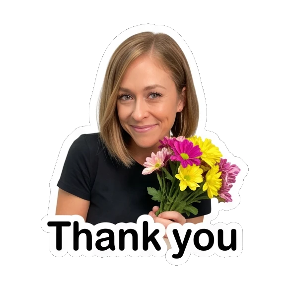 Woman holding flowers with 'Thank you' text Everyday Vibes with Sarah sticker for expressive chats and social replies.