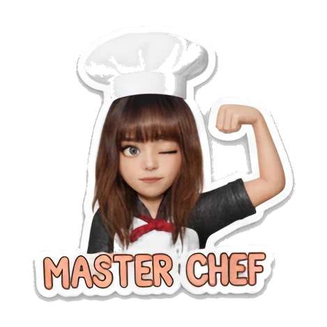 Girl chef flexing arm, proud, MASTER CHEF Little Chef Adventures sticker for expressive chats and social replies.