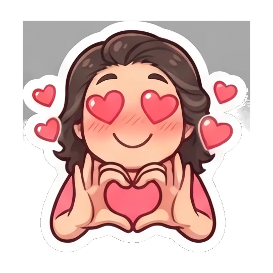 Young woman making a heart shape with hands and heart icons Cheerful Brunette Daily Life sticker for expressive chats and social replies.